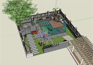 中式详细的别墅后庭院设计SU(草图大师)模型