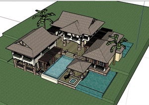 东南亚风格详细的独栋别墅SU(草图大师)模型