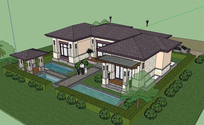 新古典详细的单层独栋别墅建筑su模型(1)