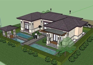 新古典详细的单层独栋别墅建筑SU(草图大师)模型
