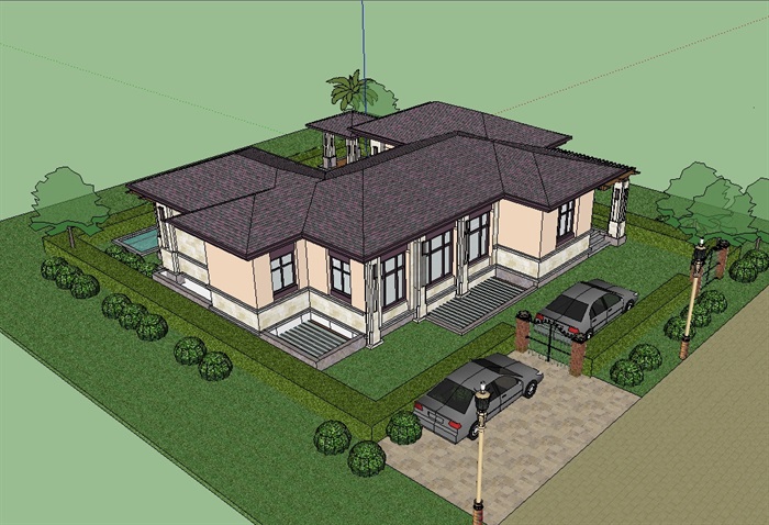 新古典详细的单层独栋别墅建筑su模型(2)