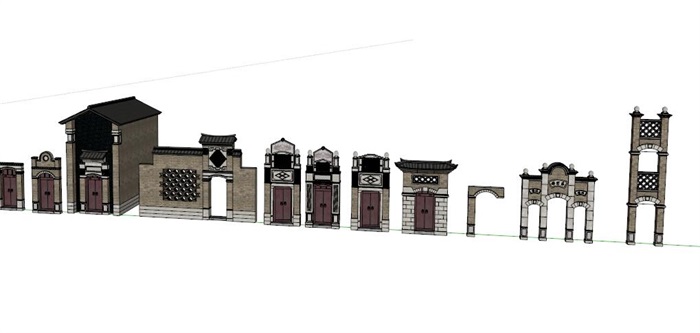 中式门头建筑构件素材su模型