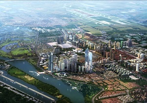 河岸两侧的城市鸟瞰图PSD分层素材