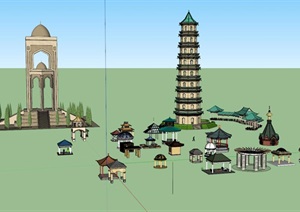古典中式风格多种不同的塔设计SU(草图大师)模型