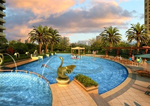 住宅小区中庭游泳池景观设计psd效果图