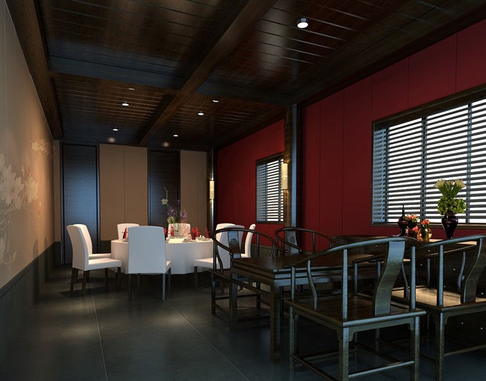 现代中式室内餐厅空间psd效果图(1)