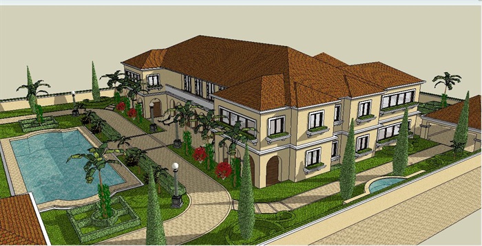 欧式精美大型别墅景观及建筑SU模型
