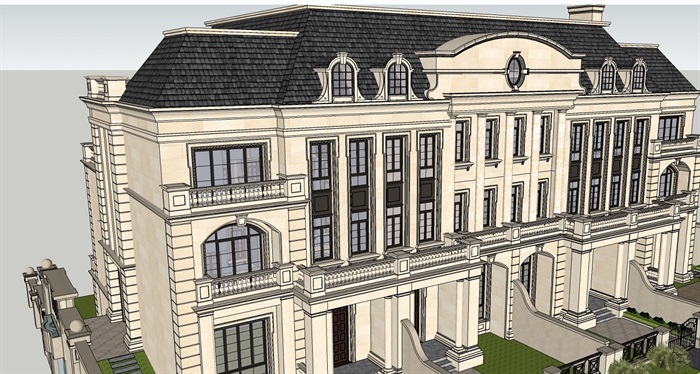 法式联排别墅建筑设计su模型带效果图(3)