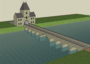 某过河桥及建筑设计SU(草图大师)模型