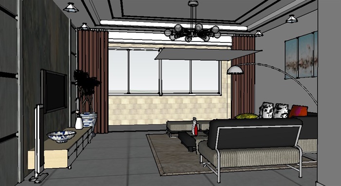 后现代风格客餐厅室内设计su模型含效果图(4)