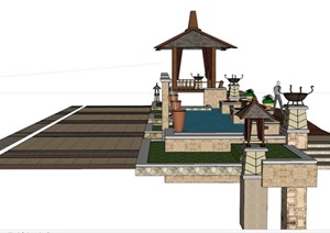东南亚风格景观水池及凉亭组合SU(草图大师)模型