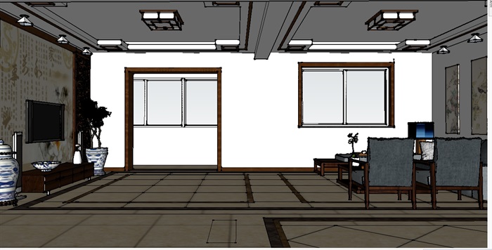 新中式客厅室内设计su模型含效果图(2)