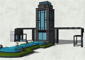 现代小区入口大门及大水池建筑SU(草图大师)模型