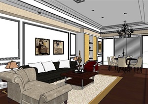 欧式家装客厅及餐厅室内设计SU(草图大师)模型