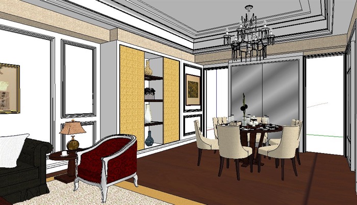 欧式家装客厅及餐厅室内设计su模型(2)