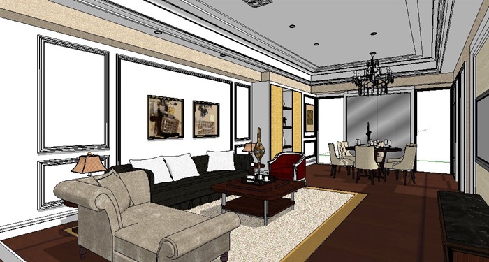 欧式家装客厅及餐厅室内设计su模型(1)