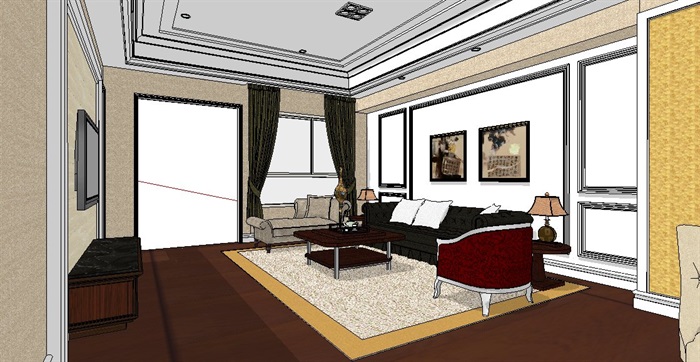 欧式家装客厅及餐厅室内设计su模型(4)