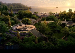 滨水公园景观设计黄昏效果鸟瞰图PSD格式