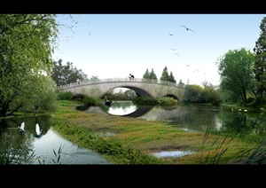 苏州古典拱桥及周边滨水景观设计透视图PSD格式
