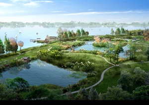 武汉某滨水湿地公园景观设计PSD鸟瞰图