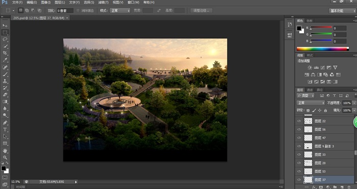 滨水公园景观设计黄昏效果鸟瞰图PSD格式(2)