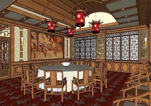 中式餐厅茶楼酒店室内SU(草图大师)模型