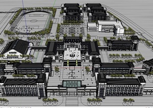中式学校园建筑整体规划SU(草图大师)模型