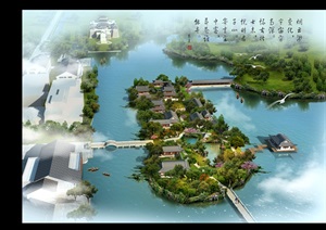 无锡市滨水中式风格旅游岛景区设计PSD鸟瞰图