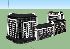 中式办公建筑楼多层设计SU(草图大师)模型