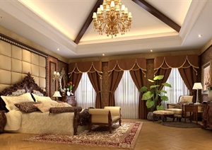 美式详细的豪华卧室空间设计3d模型