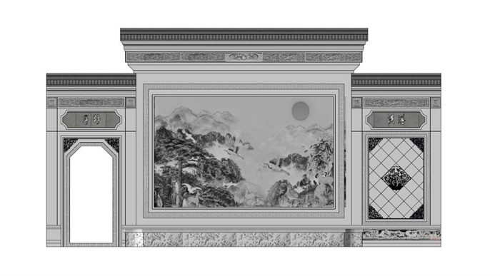 中式影壁景墙素材su模型