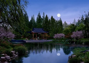 苏州中式古典园林夜景效果图PSD格式
