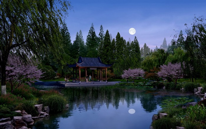 苏州中式古典园林夜景效果图PSD格式