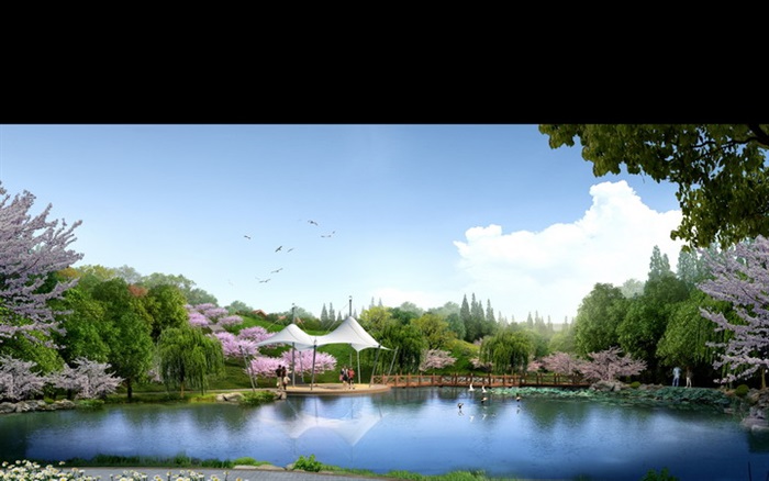 城市滨水公园荷塘景观设计效果图PSD格式