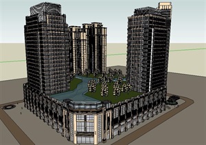 欧式住宅小区加商业办公楼地块设计SU(草图大师)模型