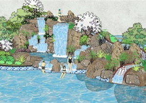 小区中心跌水瀑布泳池景观SU(草图大师)模型