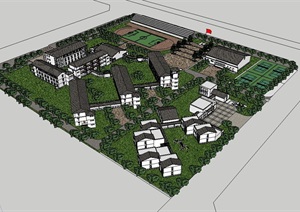 中式小学校园整体建筑楼SU(草图大师)模型