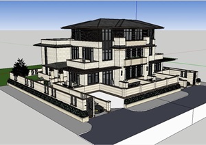 新古典风格双拼详细的别墅设计SU(草图大师)模型