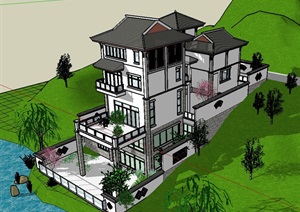 山地中式别墅多层详细建筑设计SU(草图大师)模型
