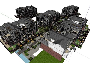 联排别墅中式多层详细的建筑SU(草图大师)模型