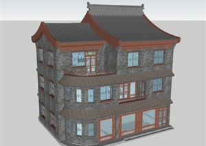 街角三楼古典中式茶楼ＳＵ模型