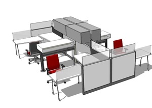 现代室内详细办公桌椅组合SU(草图大师)模型