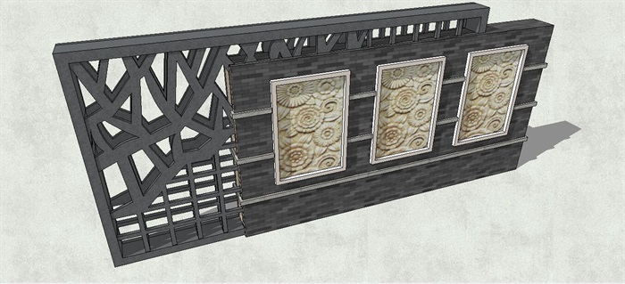 新中式镂空格栅雕花景墙SU模型