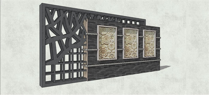 新中式镂空格栅雕花景墙SU模型