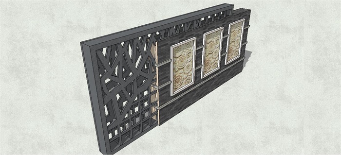 新中式镂空格栅雕花景墙SU模型