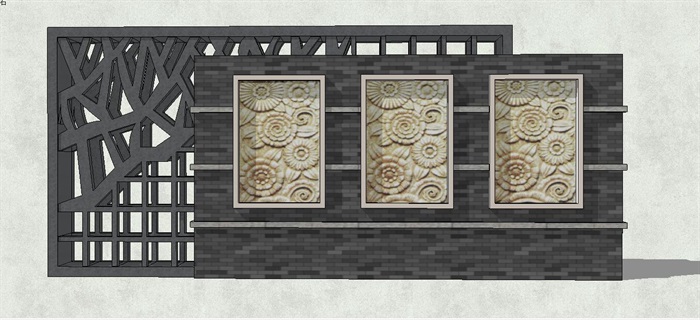 新中式镂空格栅雕花景墙SU模型