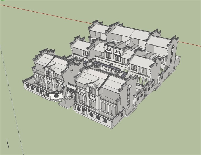 精细徽派联排别墅设计su模型(1)