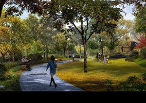 城市公园步行道景观设计透视图PSD格式
