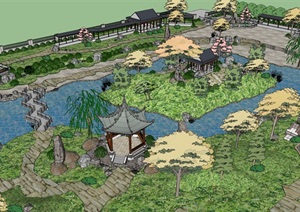 古典园林公园详细景观SU(草图大师)模型