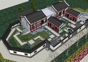 中式文化馆独特设计SU(草图大师)模型